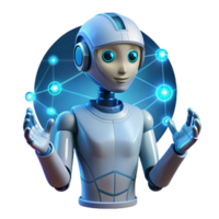 captivating signature A transparent humanoid robot interacting with a holographic interface, data streams flowing around its hands, illuminated by ambient blue light, in a futuristic, sleek style png