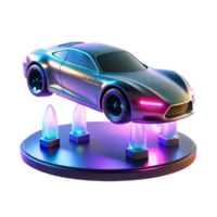 alluring notable A futuristic car hovering above the ground, sleek and aerodynamic design, neon city lights reflecting on its surface, cyberpunk style png