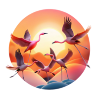 beautiful mysterious classic A flock of flamingos taking flight against a vibrant sunset, silhouette effect, dramatic backlighting, minimalist art style authentic png