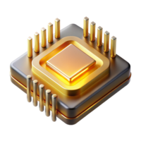 majestic romantic industrial A single microchip, magnified to reveal its complex layers and pathways, glowing with an inner golden light, rendered in a photorealistic style 4K png