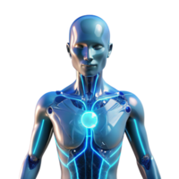elegant rare A transparent human figure, its internal organs replaced with glowing circuitry, illuminated by a cool, blue light, cyberpunk style png