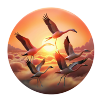 radiant distinguished A flock of flamingos taking flight against a fiery sunset, silhouetted against the vibrant sky, painted in the style of Claude Monet png