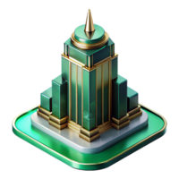 pristine passionate avant garde Art Deco skyscraper, emerald green and gold accents, volumetric lighting, highly polished surfaces, raining, reflections in puddles, isometric view 8K png
