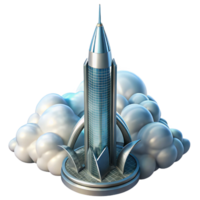 dramatic distinguished A futuristic skyscraper piercing the clouds, sleek metallic design, bright sunlight, high angle perspective, sense of height and ambition png