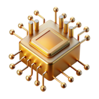 intense magnificent A single microchip, magnified to enormous scale, intricate pathways glowing with golden light, viewed from a microscopic perspective, rendered in a photorealistic style impeccable png