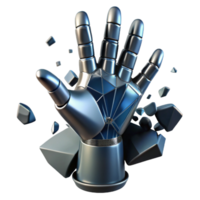 serene exceptional A robotic hand reaching out from a shattered screen, sharp shards of glass reflecting the surrounding environment, dark and gritty style png
