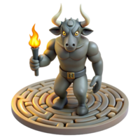 radiant dreamy retro A stoic Minotaur standing in the labyrinth, intricate shadows cast by flickering torches. Surreal style studio quality png