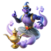 serene acclaimed A powerful djinn emerging from a magic lamp, surrounded by swirling smoke, illuminated by an ethereal glow. Arabian Nights style png