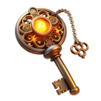 dreamy enchanting A steampunk key with intricate filigree and a clockwork mechanism, hanging from a chain, warm, golden lighting, fantasy art style 8K png
