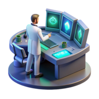 passionate glorious A lone scientist, working at a futuristic computer console, surrounded by holographic displays, bathed in the cool light of the monitors. Cyberpunk lighting, realistic style elite png