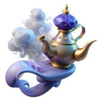 beautiful joyful renaissance A powerful djinn emerging from a magic lamp, surrounded by swirling smoke, illuminated by an ethereal glow. Arabian Nights style ultra HD png