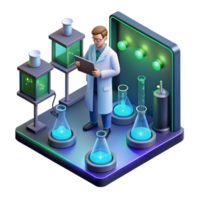 beautiful unparalleled A lone scientist working in a high tech laboratory, surrounded by bubbling beakers and glowing screens, cool lighting, isometric view, pixel art, png