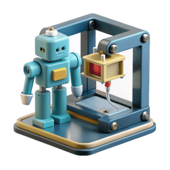 fesselnd exemplarisch ein 3d Drucker Erstellen ein Miniatur Roboter, kompliziert Einzelheiten und geschichtet Konstruktion, Studio Beleuchtung, realistisch Stil png