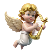 memorable gothic A winged cherub playing a golden harp, soft celestial light, Renaissance painting style precision png