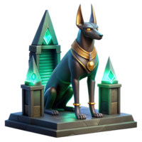 elegant unforgettable Anubis, the Egyptian god of the dead, depicted as a sleek black jackal with glowing emerald eyes, standing in a dimly lit tomb, surrounded by hieroglyphs. Art Deco style png