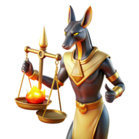 beautiful rustic Anubis, the jackal headed god, weighing a human heart against a feather on golden scales, illuminated by the flickering flames of torches. Ancient Egyptian murals style artisan png