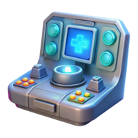 quintessential retro A futuristic control panel with glowing buttons and holographic displays, illuminated by a soft blue light, cyberpunk style detailed png