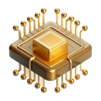 radiant iconic A single microchip, magnified to enormous scale, intricate pathways glowing with golden light, viewed from a microscopic perspective, rendered in a photorealistic style png