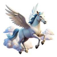 pristine peaceful elegant A graceful pegasus soaring through the clouds, soft sunlight illuminating its white wings, fantasy art style high quality png