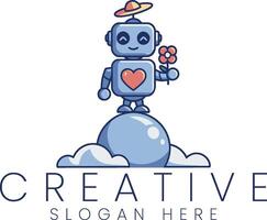 Cute Robot Holding Flower on Cloud Creative Logo Design art blue pink icon happy white vector