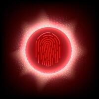 Red Fingerprint Glow. A vibrant red fingerprint glows intensely within a circular halo of light, symbolizing security, privacy, or identity. vector