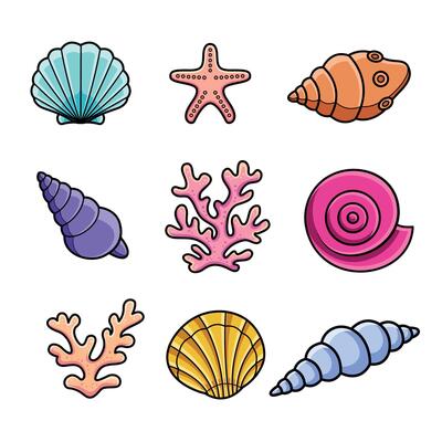Sea Elements Set Cartoon Shell, Coral and Starfish Illustration
