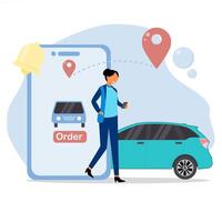 A woman is walking towards a car with an order icon on the screen vector