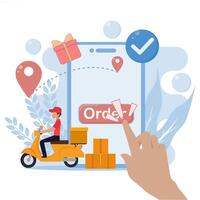 A hand is holding a phone with an order icon on it vector