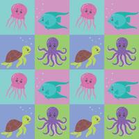 Seamless marine-themed block pattern with turtles, fish, jellyfish and octopuses. A illustration consisting of hand-made mosaic blocks. Marine flora and fauna. vector