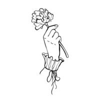 Delicate female hand in vintage ruffled sleeve gently holding flower. Minimalist doodle with curved outline. Ideal for feminine branding and boho design. vector