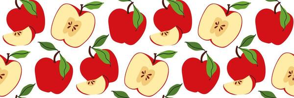 Seamless pattern with red apples, whole and one sliced in half showing pit. Spring garden background. Perfect for textile, menu, packaging, kitchen design. Flat illustration. vector