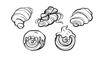 Hand drawn doodle bakery set with croissants, sweet buns, and swirled pastries with icing. Curved bold line illustration perfect for coloring, stickers, menu or food design. vector