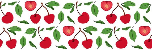 Seamless pattern with cherry, whole and one sliced in half showing pit. Spring garden background. Perfect for textile, menu, packaging, kitchen design. Flat illustration. vector