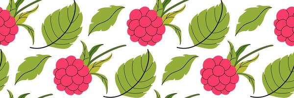Seamless pattern with pink raspberry, leaves on white background. Spring garden background. Perfect for textile, menu, packaging, kitchen design. Flat illustration. vector