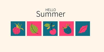 Hello Summer Banner with modern fruit icon set. Cherry, raspberry, and green leaves in bright trendy colors. Minimalistic summer season background. Flat illustration ideal for poster, branding. vector