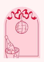 Festive birthday card template with champagne in ice bucket and disco ball hanging from ribbon. doodle illustration with soft pink arch background and outline details. Coquette aesthetic style. vector
