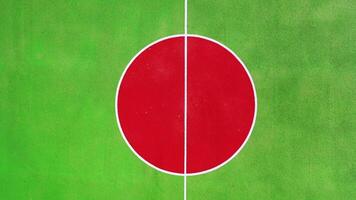 Modern stadium of a basketball field. Red and green colors of artificial grass in the new sports ground. Camera rising up from the center of the field. video