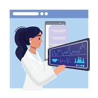 Woman physician using virtual tablet with heart rate and chart analytics, modern healthcare illustration vector
