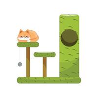 Multi-level cat condo with toy and cozy bed, perfect for climbing, scratching, and relaxing vector