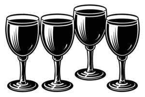 Four Wine Glasses Filled with Red Wine in a Retro Style vector