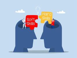 business man and artificial intelligence holding two pieces between Hard VS Soft Skills Concept on big head human Idea Development ,Multiple Intelligences Illustration vector