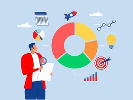 businessman with magnifying glass analyzing pie chart data.Analyze data, financial research analytics, data analysis, chart and graph or diagram, database report . vector