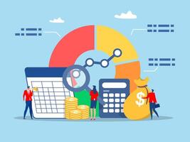 Spreadsheet producing reports,business people accountants with calculator, spreadsheet producing reports,Accounting and finance audit, calculate budget, profit and loss, produce report graph from data vector
