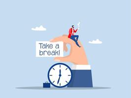 Time to take a break,Business man resting with coffee break time to relax and refresh from long stress interval, free from bored, sleepy and fatigue concept on Giant Hand vector