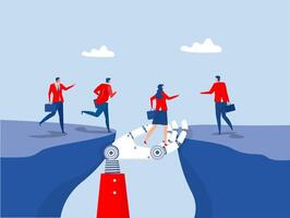 Robot giant hand help business people cross the problem gap.Support of help to solve problem coaching to help team success vector