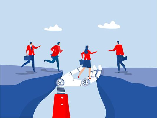 Robot giant hand help business people cross the problem gap.Support of help to solve problem coaching to help team success