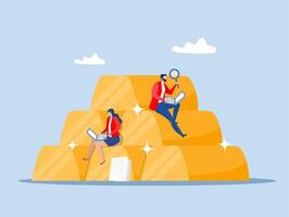 Gold investment concept, businessman success wealth manager, trader or rich investor sitting on stack of gold bar bullion,wealth management and asset allocation concept vector