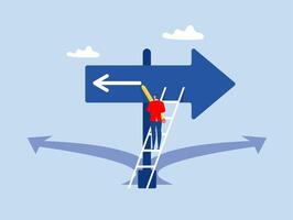 Businessman write opposite direction arrow on arrow sign Change to opposite direction, hesitate business decision to change to better opportunity, conflict or reverse direction, vector