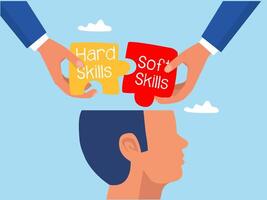 Put the skill into the brain,Business Giant Hand holding two pieces between Hard VS Soft Skills Concept on big head human Idea Development ,Multiple Intelligences Illustration vector