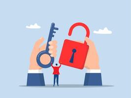 key to unlock,businessman holding golden key to unlock the pad.professional to give solutions, success business key or unlock business accessibility concept vector